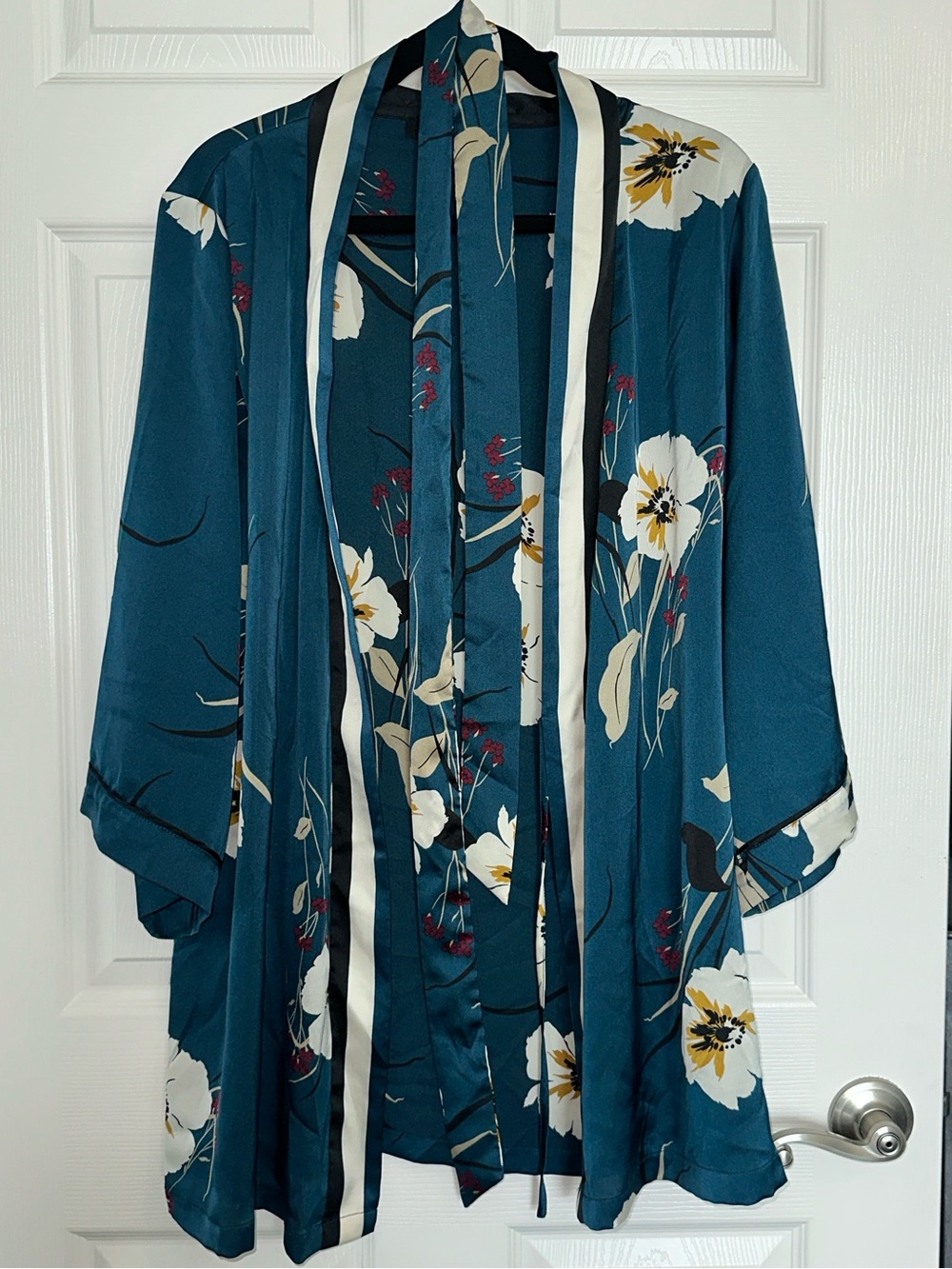 Etam Teal Floral Kimono Robe Open Front Belted 3/4 Sleeve